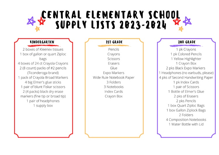 Central Elementary School Supplies List